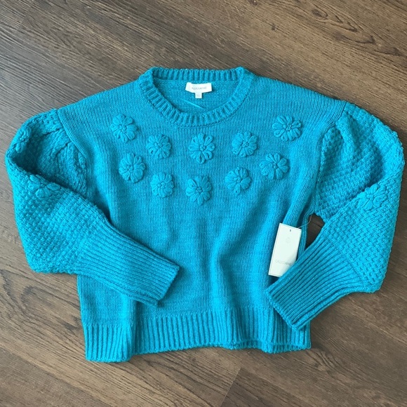 calligraphie Sweaters - Calligraphie teal knit sweater with daisies sz L
